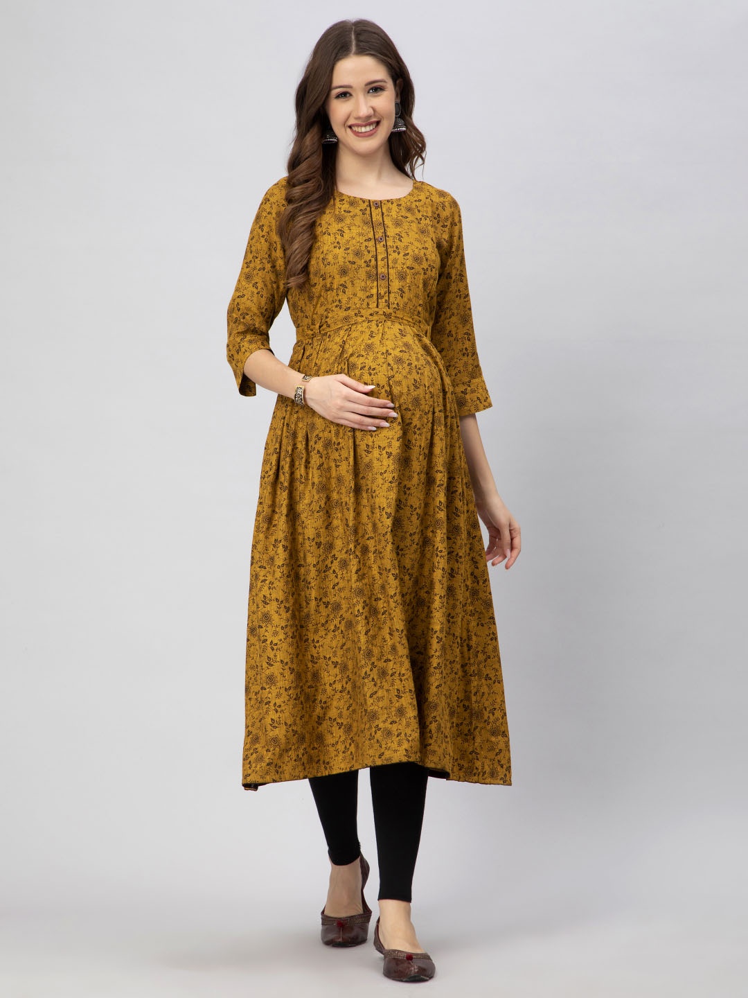 

CEE-18 Floral Printed A-Line Maternity Kurta, Brown