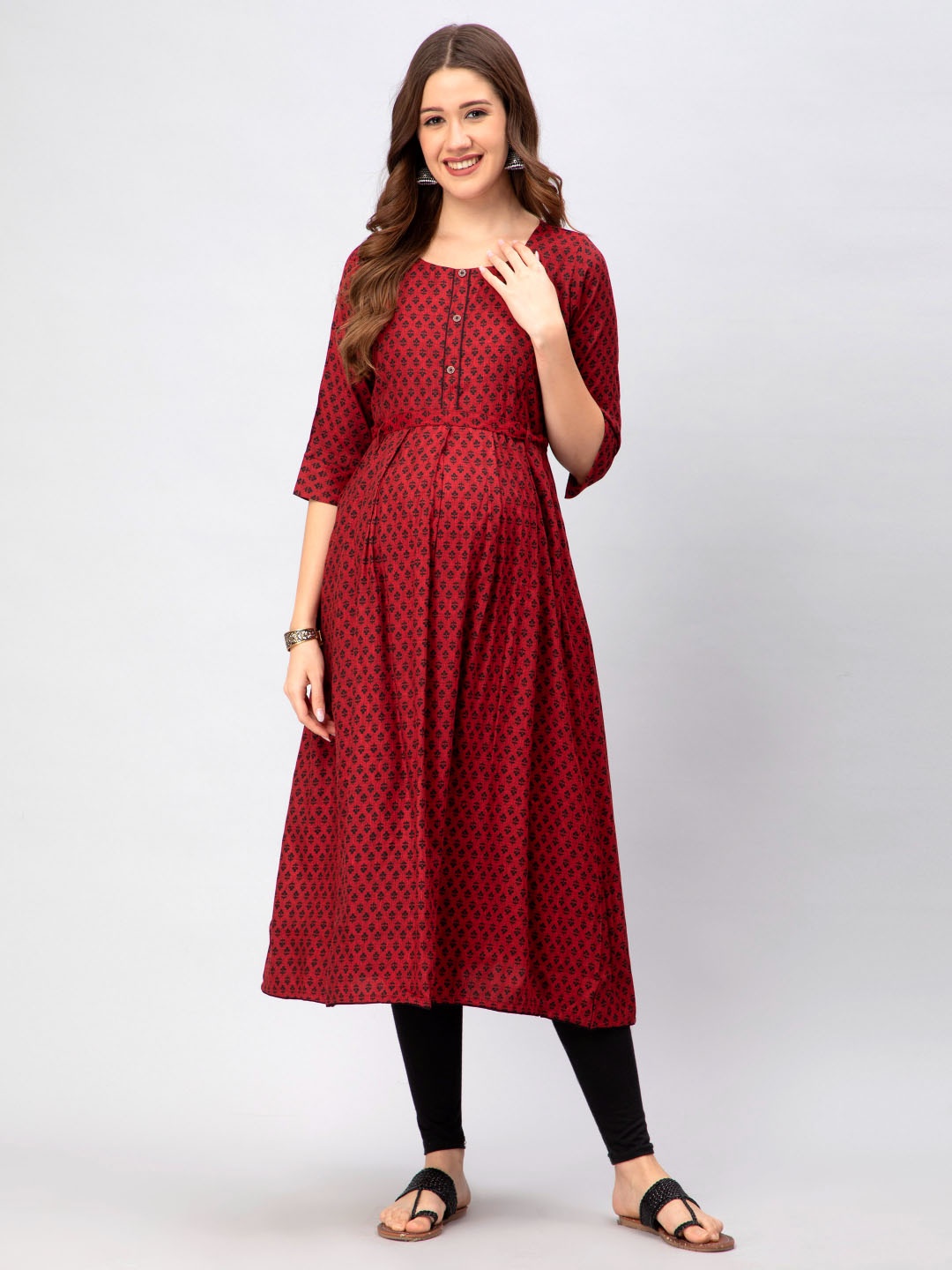 

CEE-18 Ethnic Motifs Printed A-line Maternity Kurta, Red