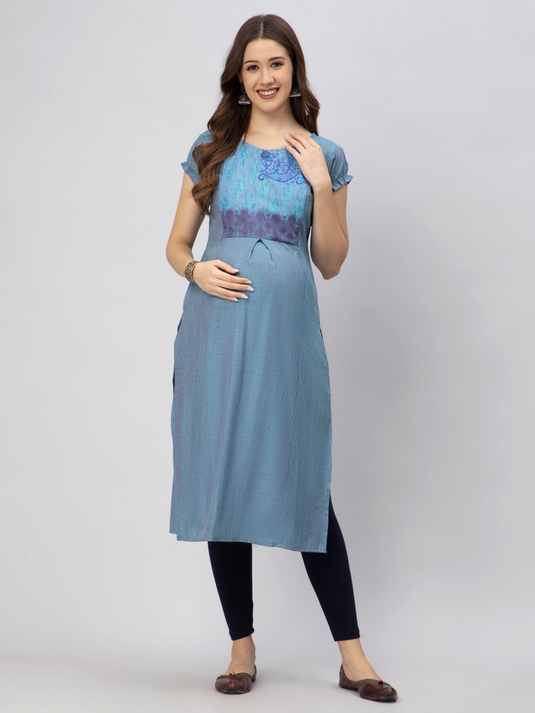 

CEE-18 Ethnic Motif Printed Puff Sleeves Maternity Cotton Kurta, Blue