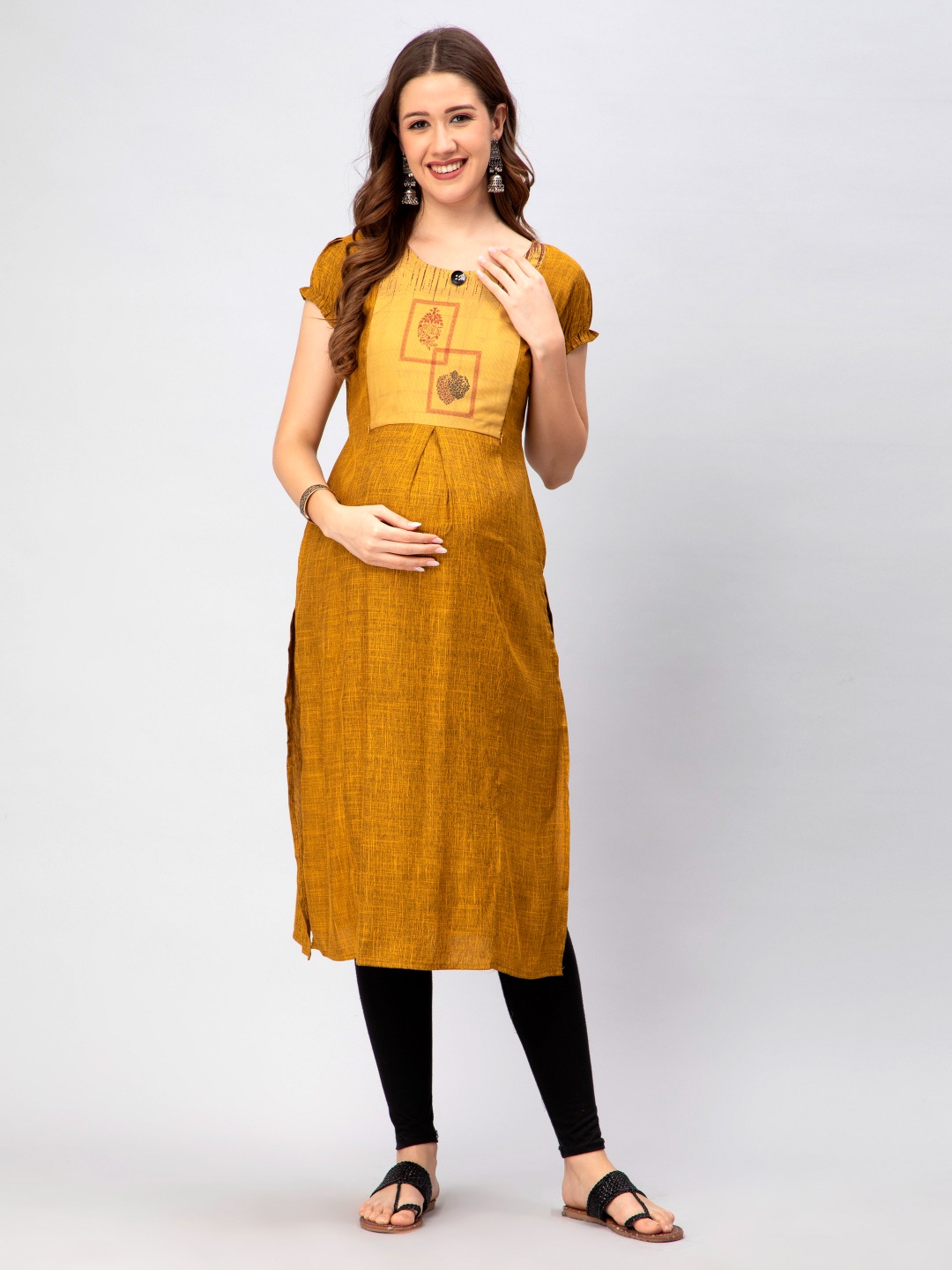 

CEE-18 Women Geometric Printed Cotton Maternity Kurta, Mustard