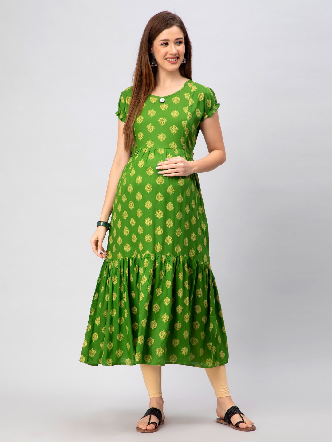 

CEE-18 Ethnic Motifs Printed Puff Sleeves Maternity A-Line Cotton Dress, Green
