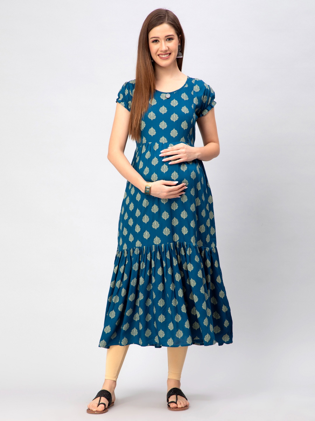 

CEE-18 Women Ethnic Motifs Printed Cotton Puff Sleeves Maternity Kurta, Blue