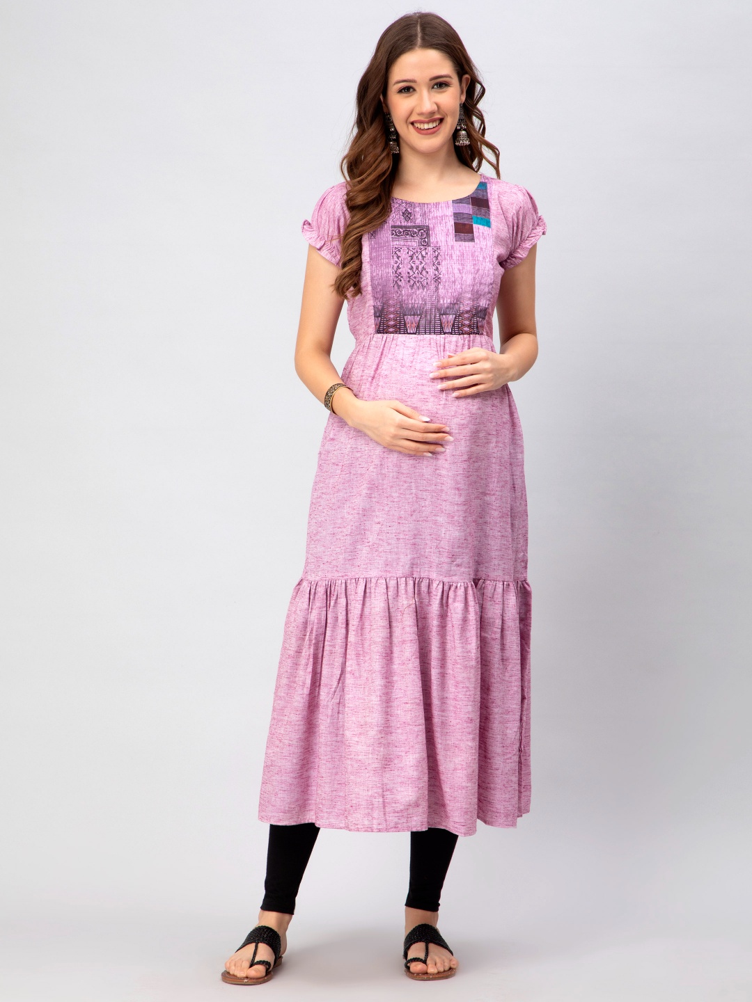 

CEE-18 Women Yoke Design Cotton Tiering Maternity Kurta, Pink