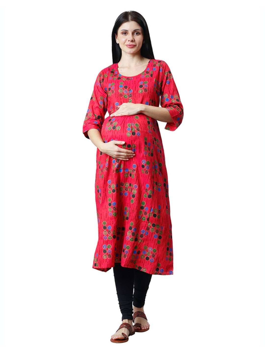 

CEE-18 Geometric Printed Cotton A-Line Maternity Kurta, Red