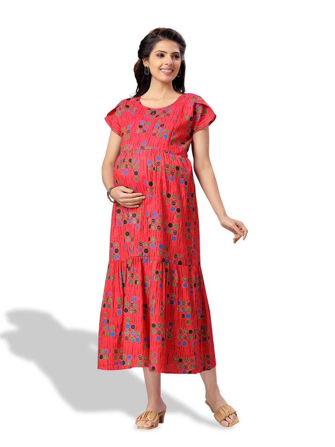 

CEE-18 Printed Maternity Fit & Flare Dress, Fuchsia