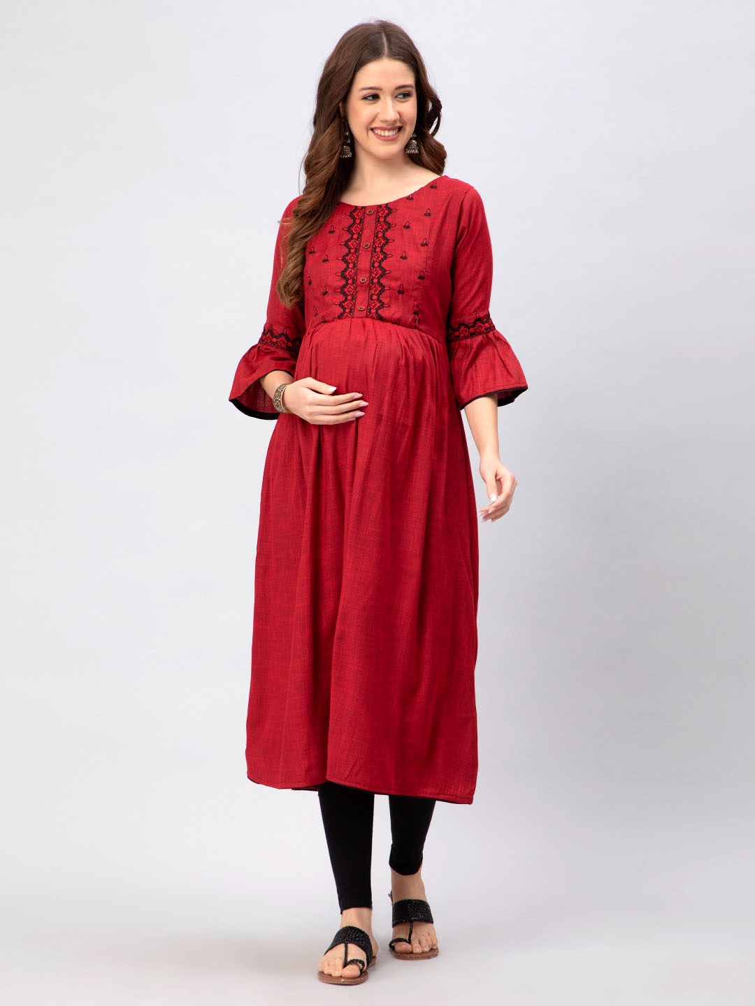 

CEE-18 Ethnic Motif Yoke Design Bell Sleeves Thread Work Maternity Kurta, Red