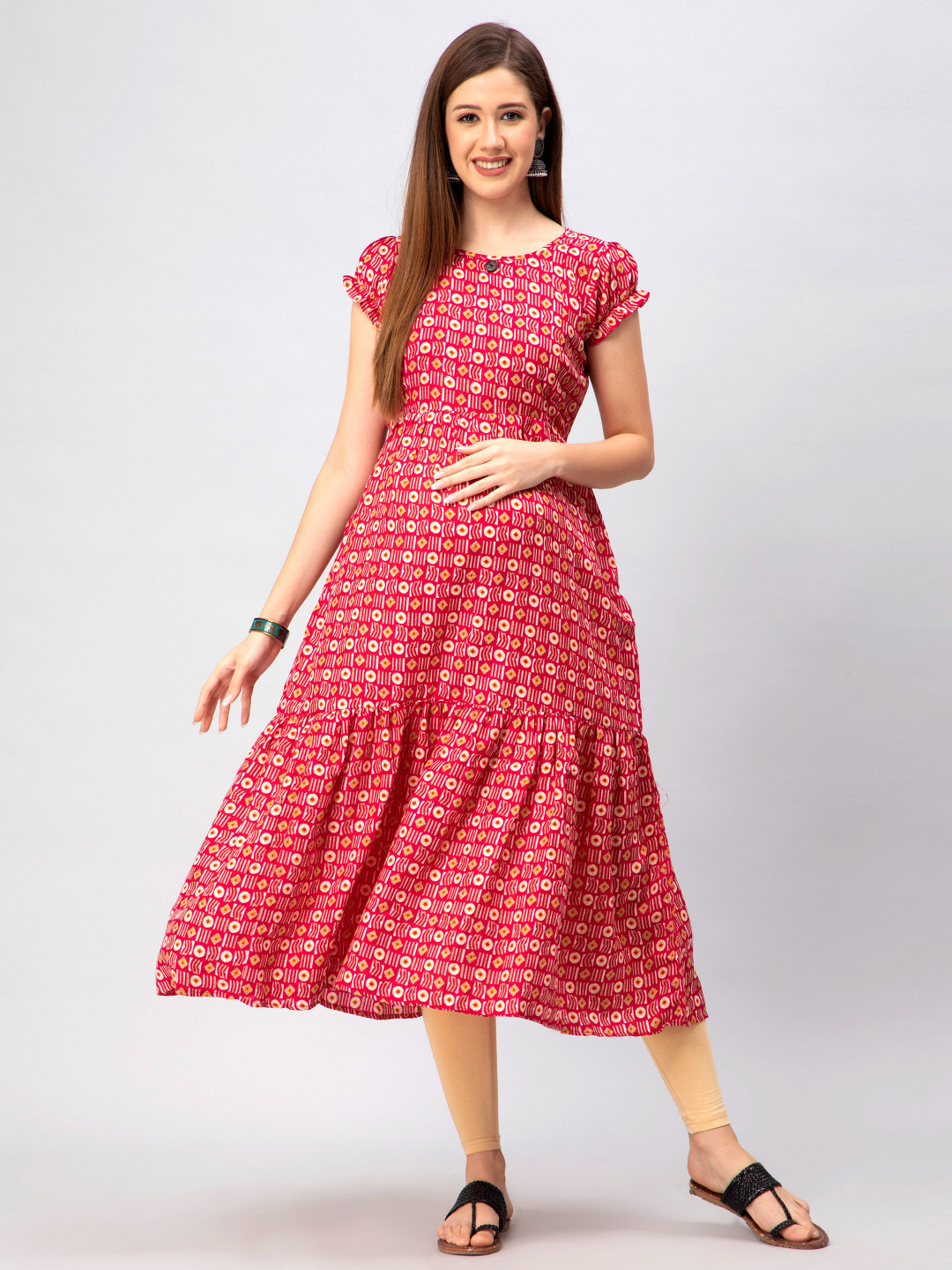 

CEE-18 Women Geometric Printed Tiering Maternity Kurta, Pink