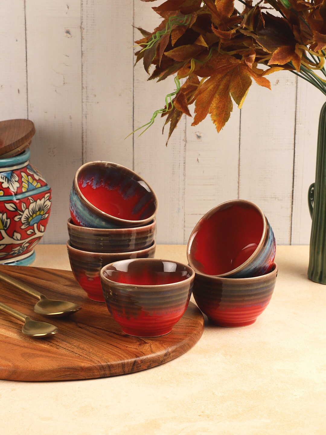 

VarEesha Zafran Red & Brown 6 Pieces Printed Ceramic Glossy Dessert Bowls 150 ml Each