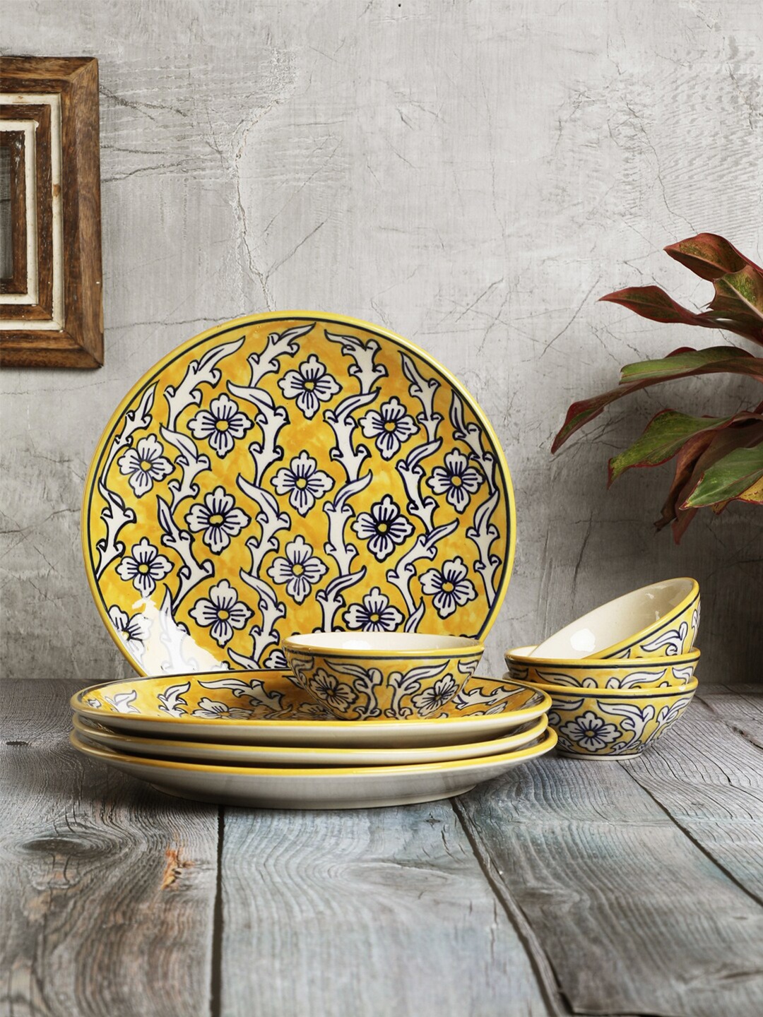 

VarEesha Manohar Yellow & White 8 Pieces Printed Ceramic Glossy Dinner Set