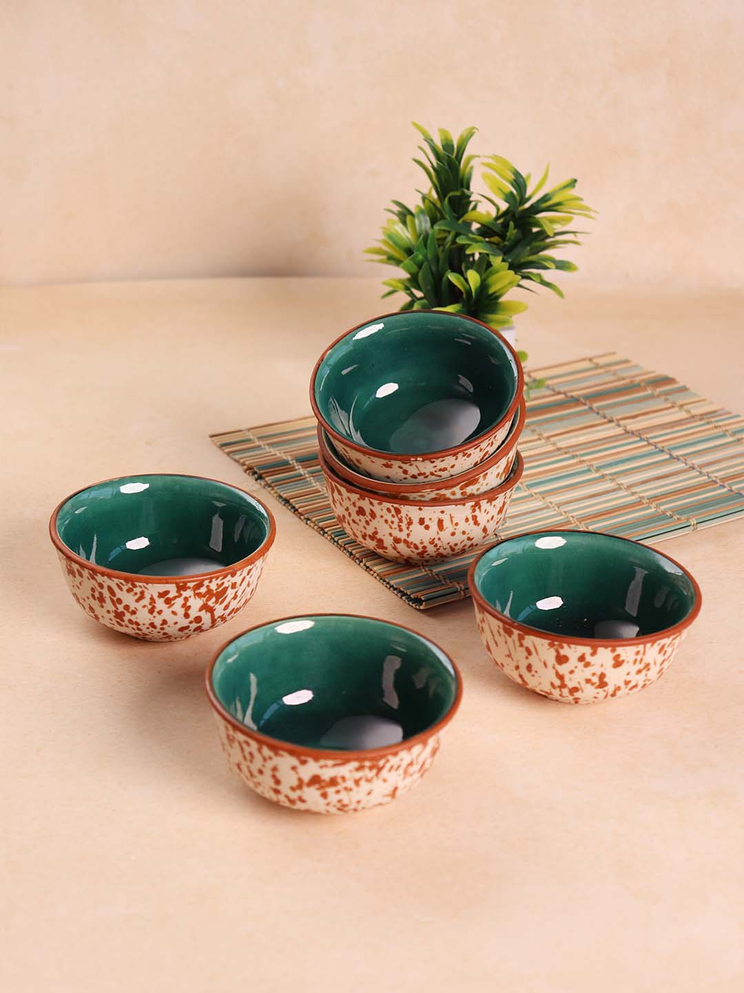 

VarEesha Green & Brown 6 Pieces Printed Ceramic Glossy Bowls-150 ML Each