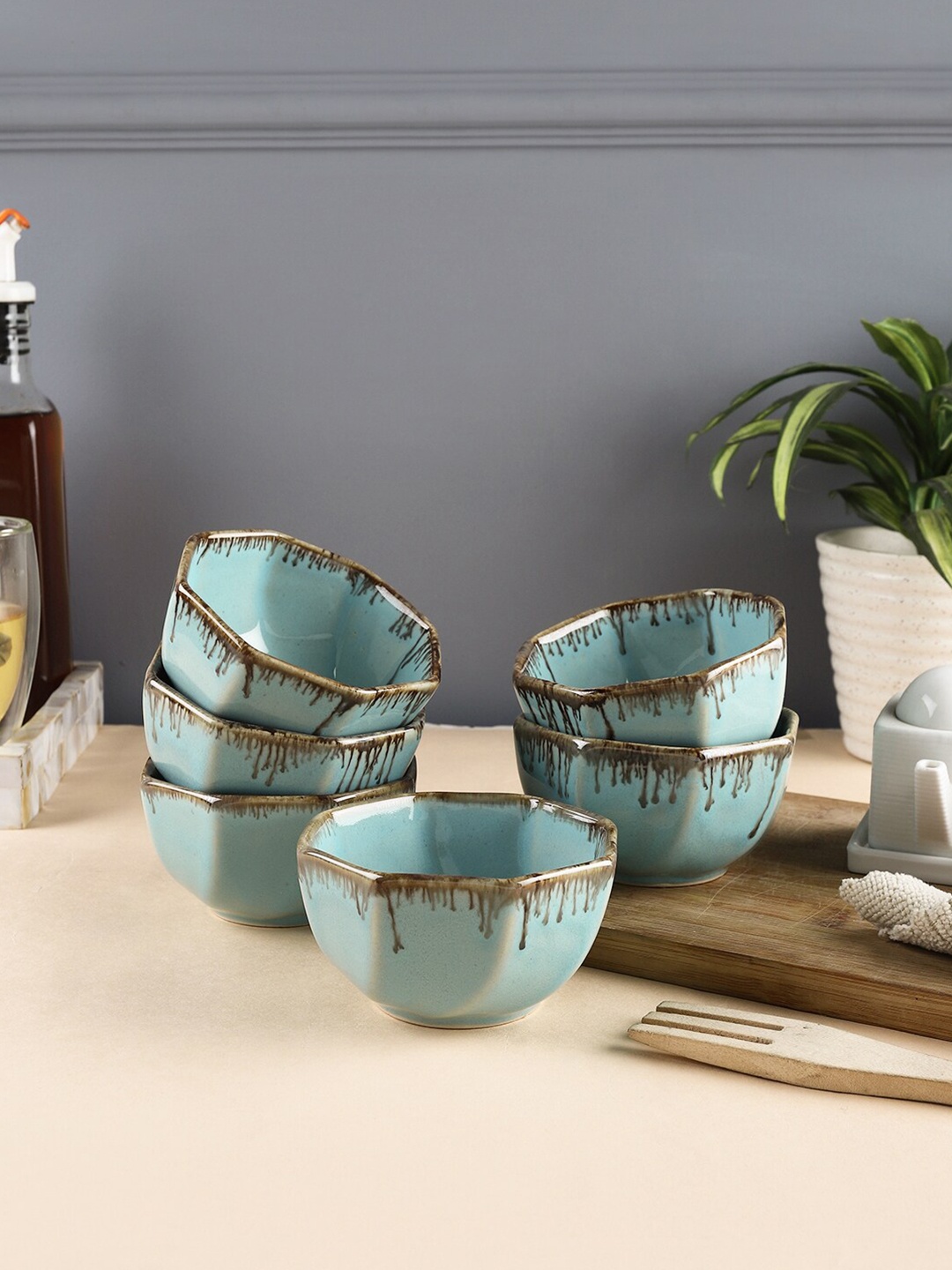 

VarEesha Tranquil Green & Brown 6 Pieces Printed Ceramic Glossy Bowls 150 ml Each