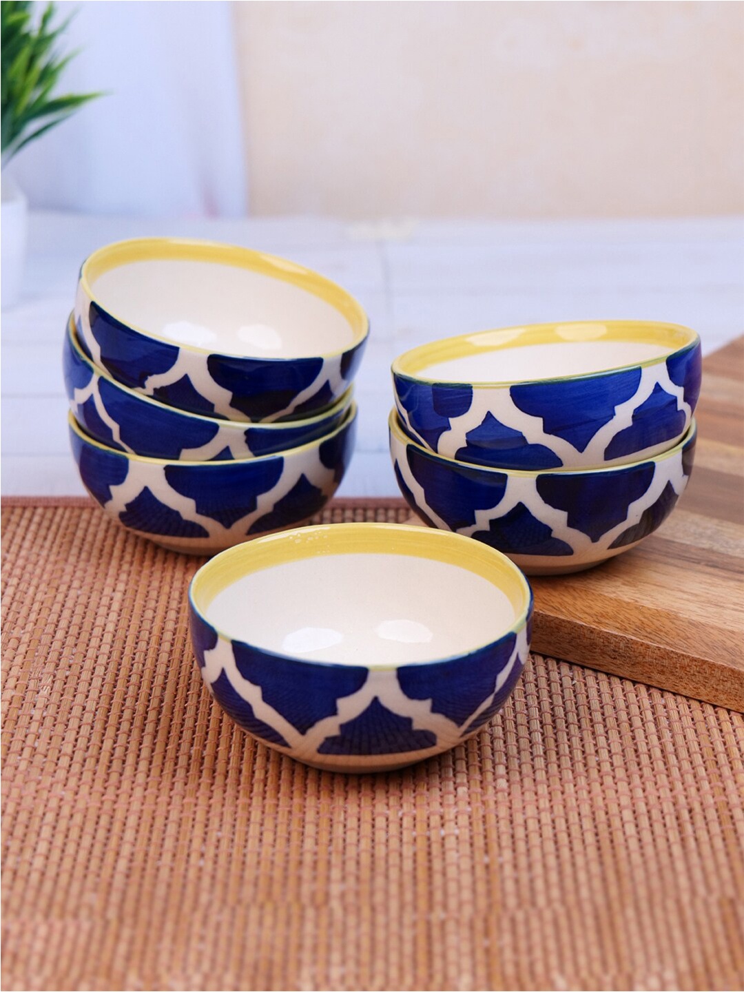 

VarEesha Moroccan Blue & White 6 Pieces Geometric Printed Ceramic Glossy Bowls 150 ml Each