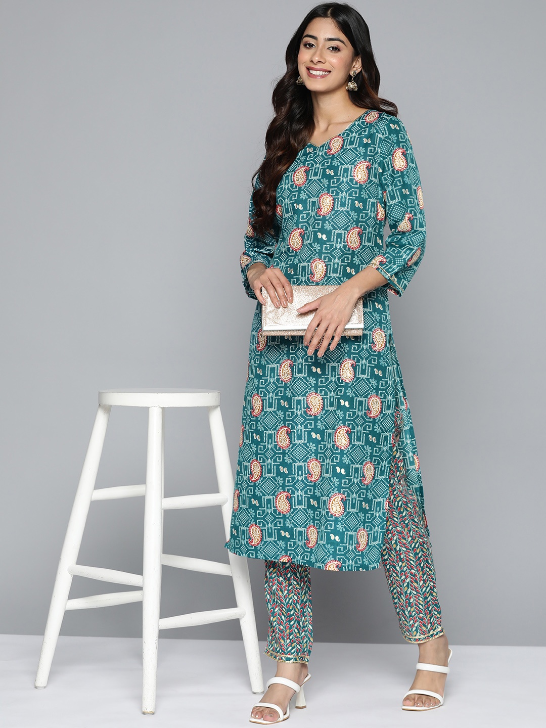 

HERE&NOW Floral Printed Regular Kurta with Palazzos, Teal