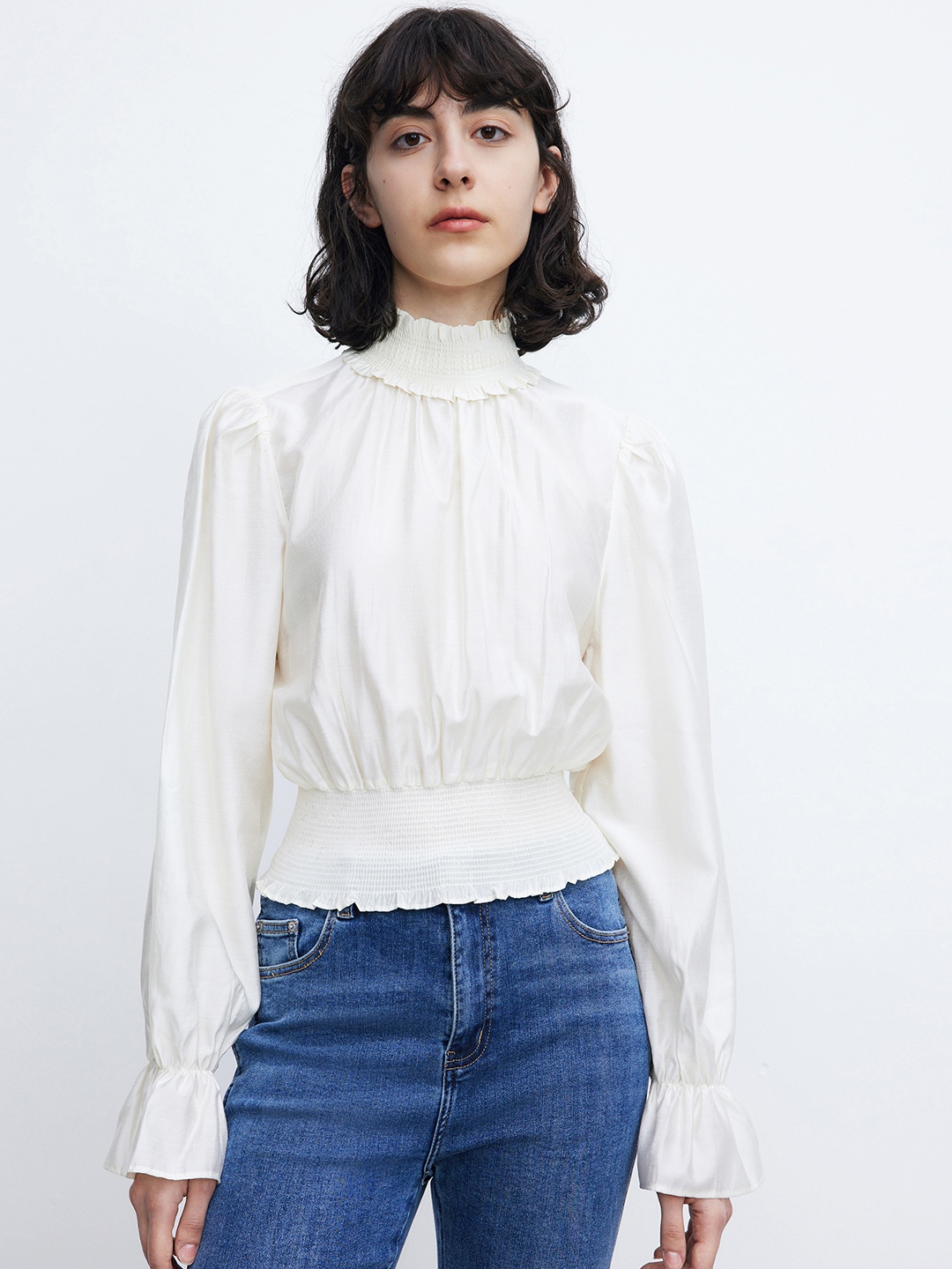 

Urban Revivo Smocked Detail Blouson Top, Cream