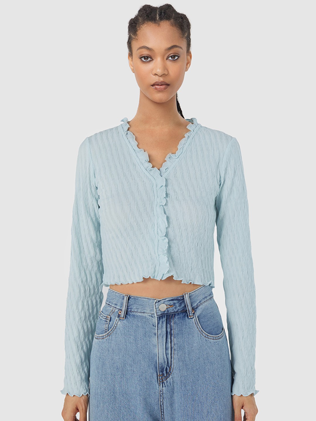 

Urban Revivo Lettuce Edge Textured Top, Blue