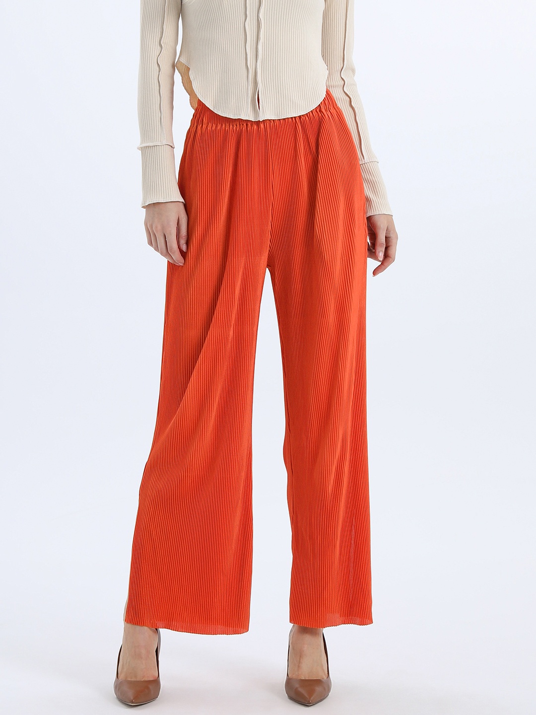 

Urban Revivo Women Pleated Flared High-Rise Trousers, Orange