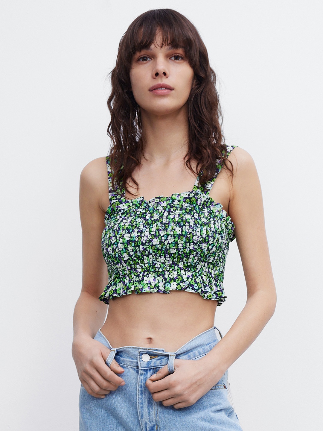 

Urban Revivo Floral Print Smocked Fitted Crop Top, Green