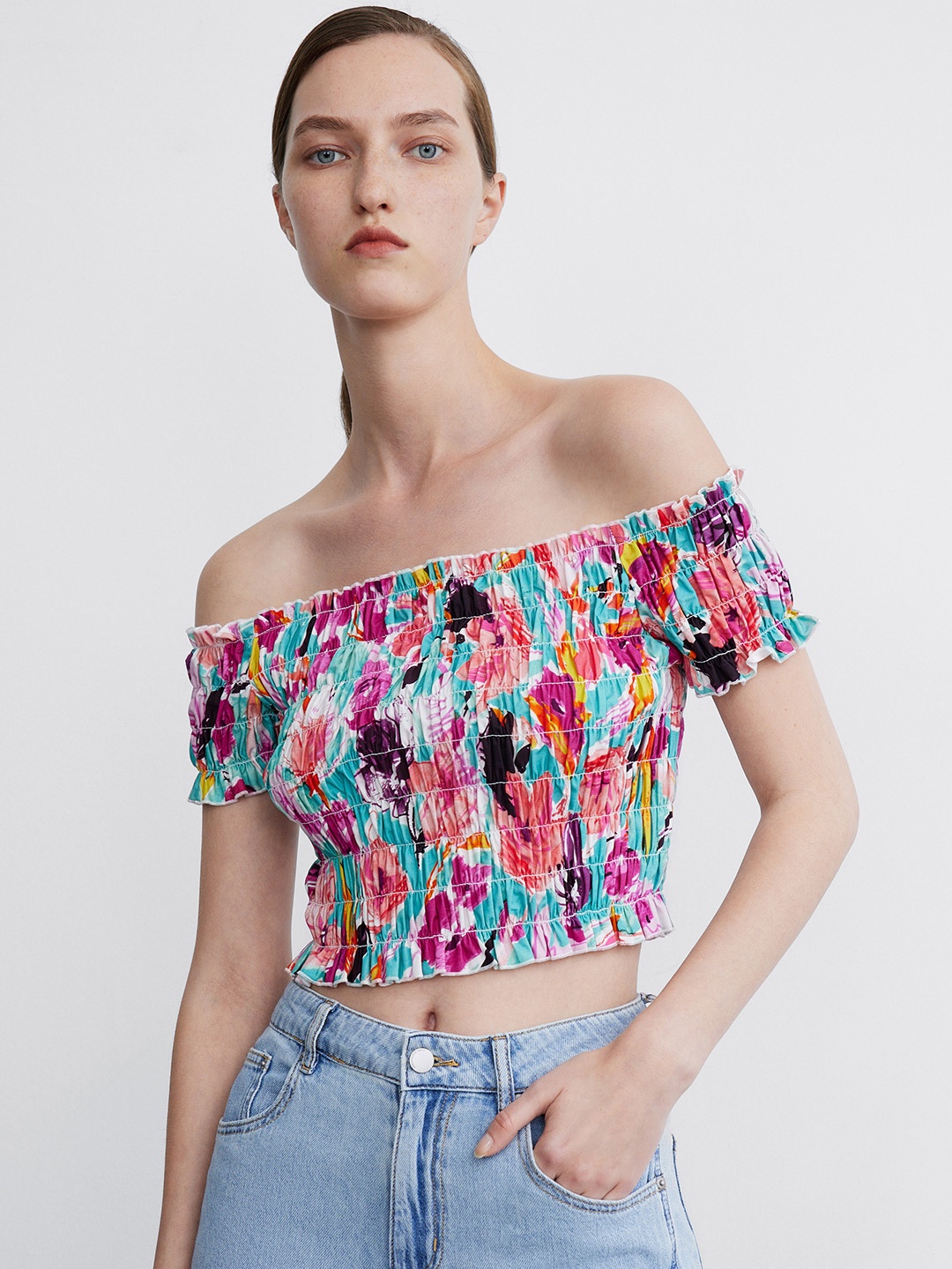 

Urban Revivo Floral Print Off-Shoulder Smocked Cotton Bardot Crop Top, Purple
