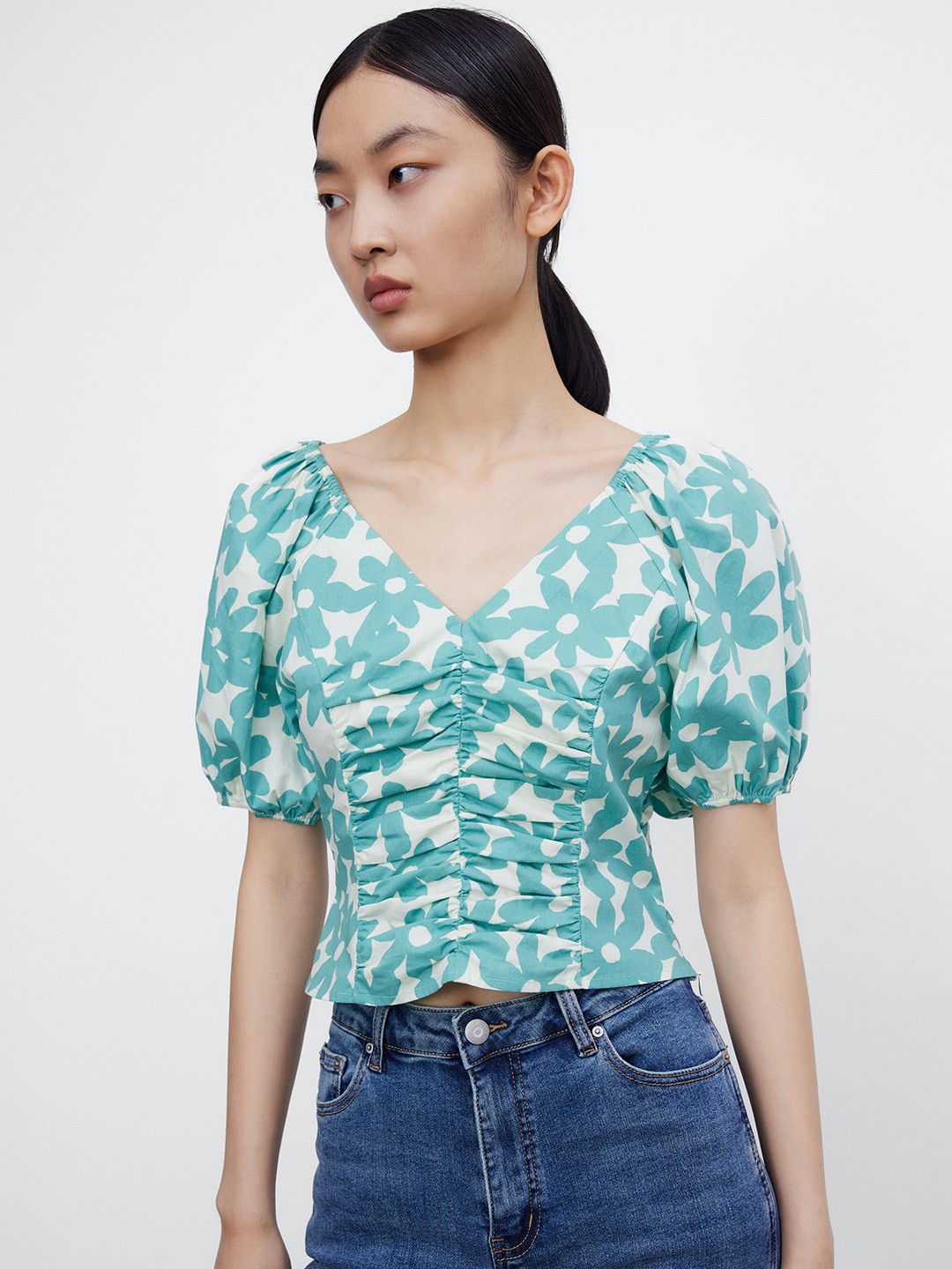 

Urban Revivo Floral Print Puff Sleeve Cotton Crop Top, Blue