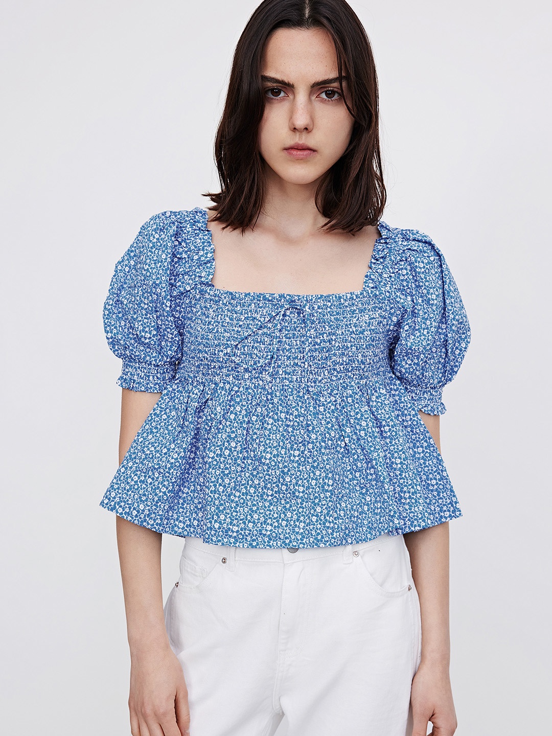 

Urban Revivo Floral Print Puff Sleeves Cotton Peplum Top, Blue