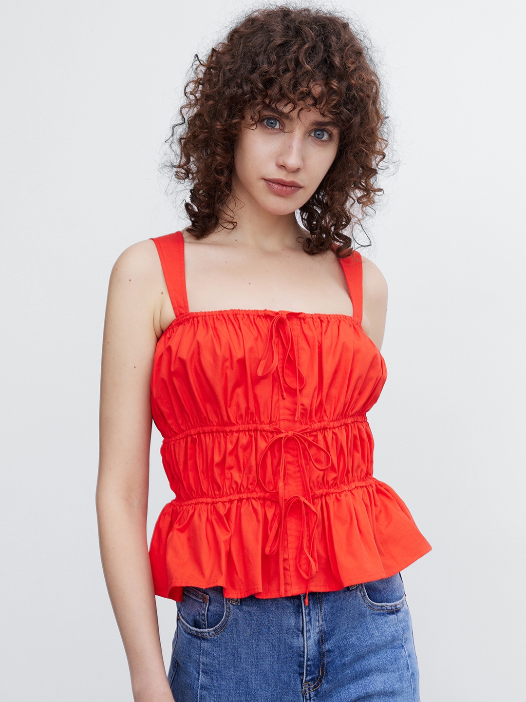 

Urban Revivo Tie-up Cotton Tiered Top, Orange