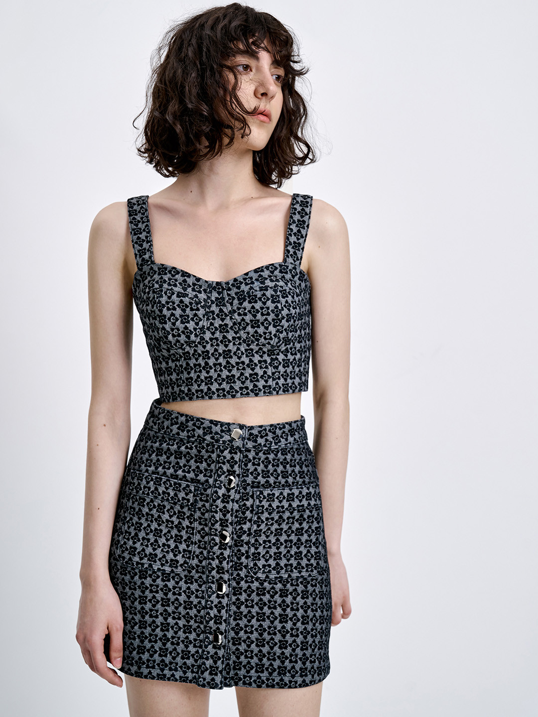 

Urban Revivo Cotton Crop Floral Denim Cami Top, Black