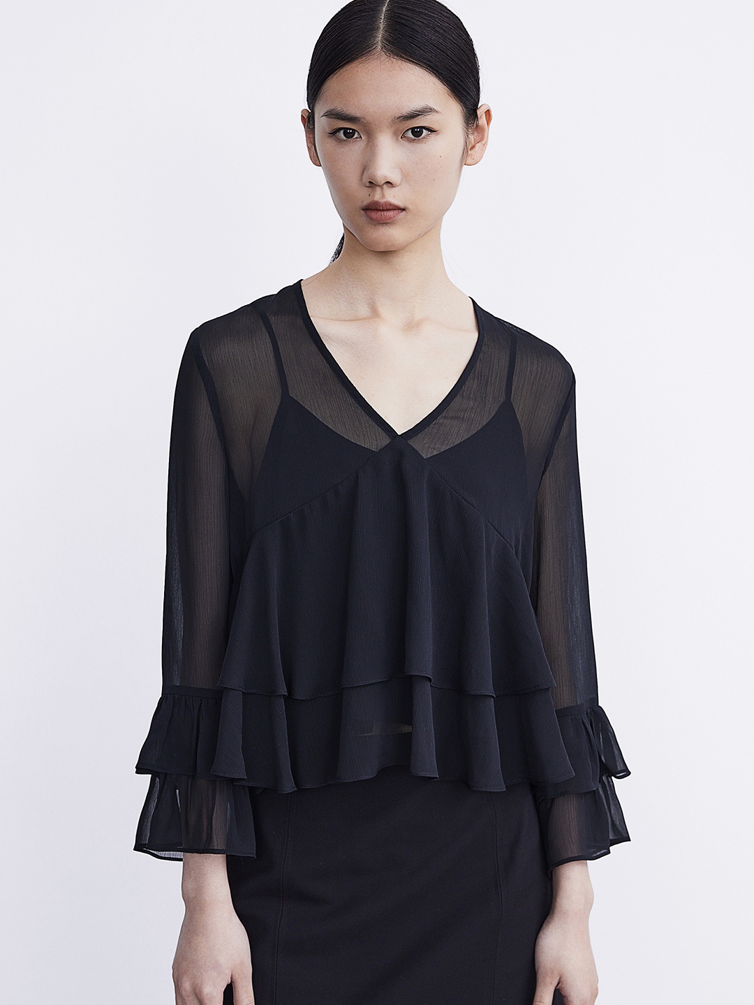 

Urban Revivo Flared Sleeve Ruffles Top, Black