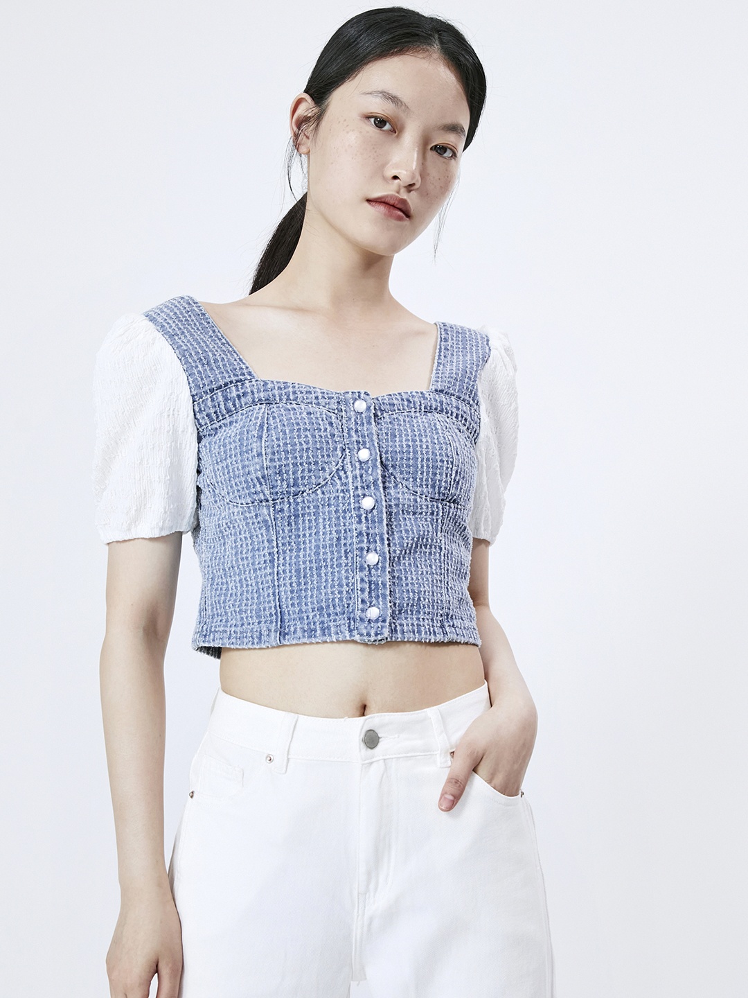 

Urban Revivo Pure Cotton Denim Crop Top, Blue