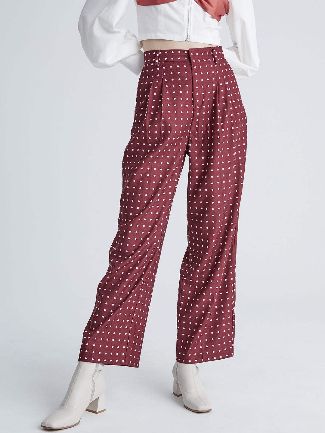 

Urban Revivo Women Polka Dot Printed Wide High-Rise Pleated Trousers, Maroon