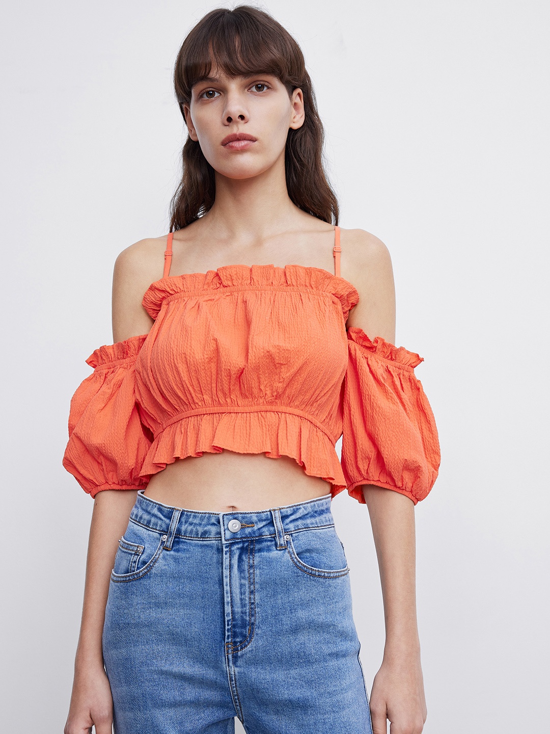 

Urban Revivo Cold-Shoulder Blouson Crop Top, Orange