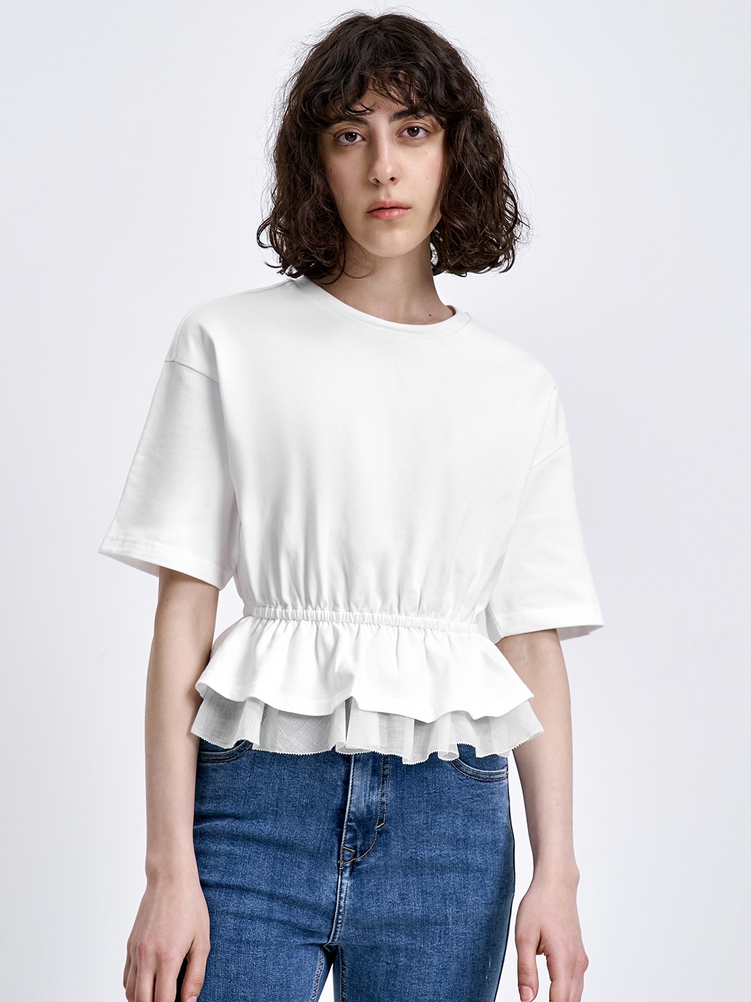 

Urban Revivo Solid Pure Cotton Cinched Waist Top, White