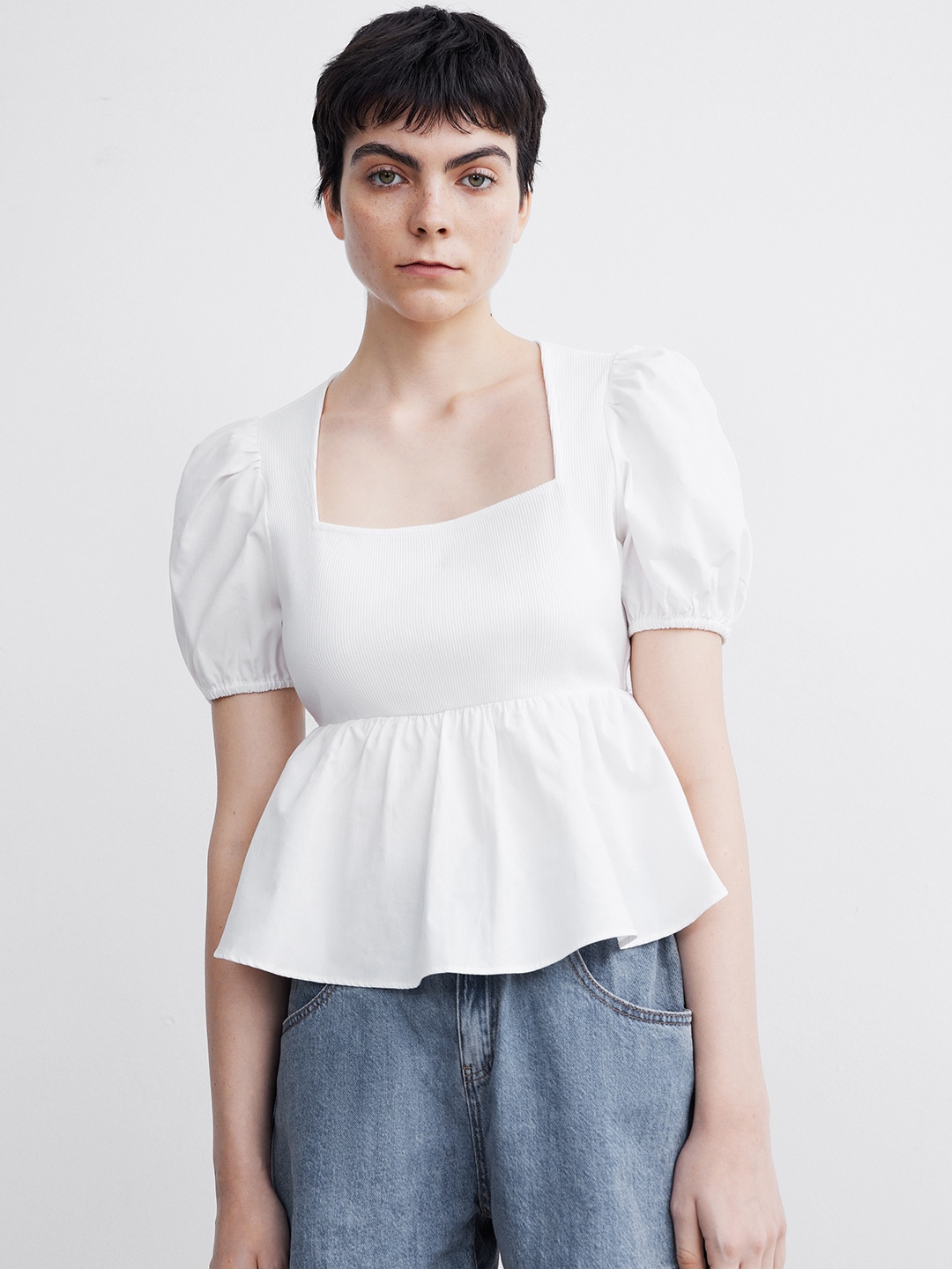 

Urban Revivo Puff Sleeve Peplum Top, White