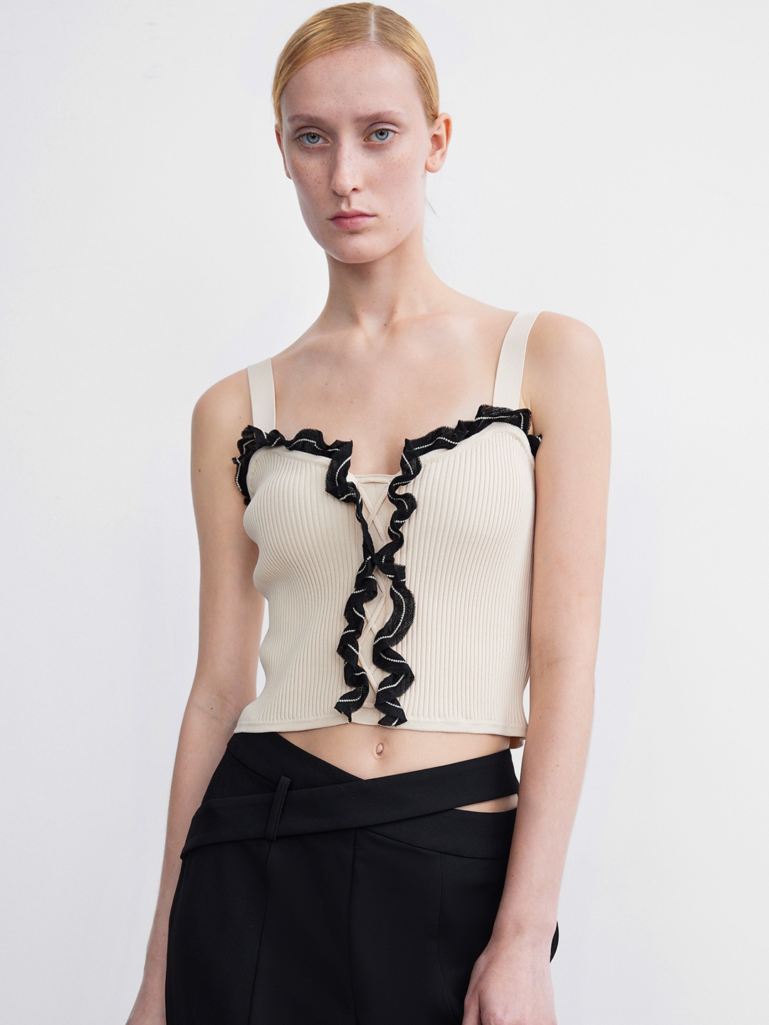

Urban Revivo Corset Style Ruffles Crop Top, Beige