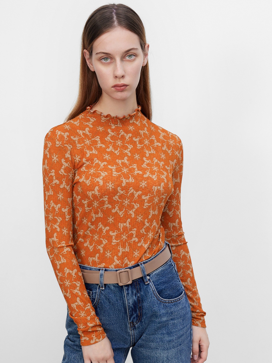 

Urban Revivo Conversational Print High Neck Full Sleeves Fitted Top, Rust