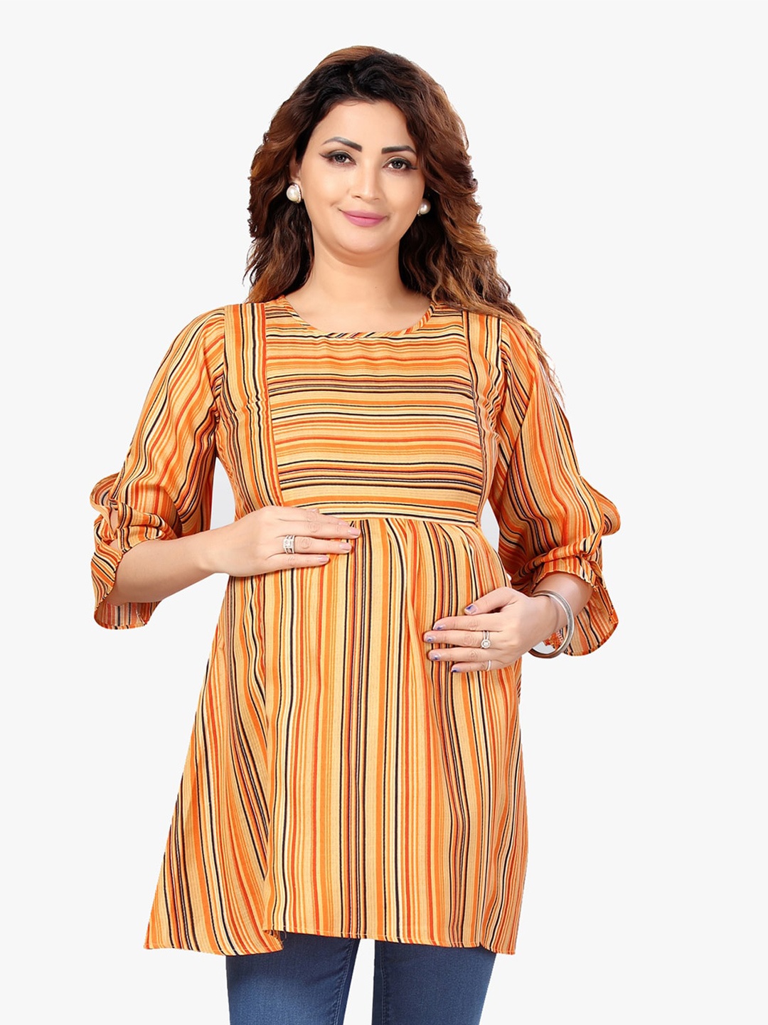 

CEE-18 Striped Cotton A-Line Maternity Top, Orange