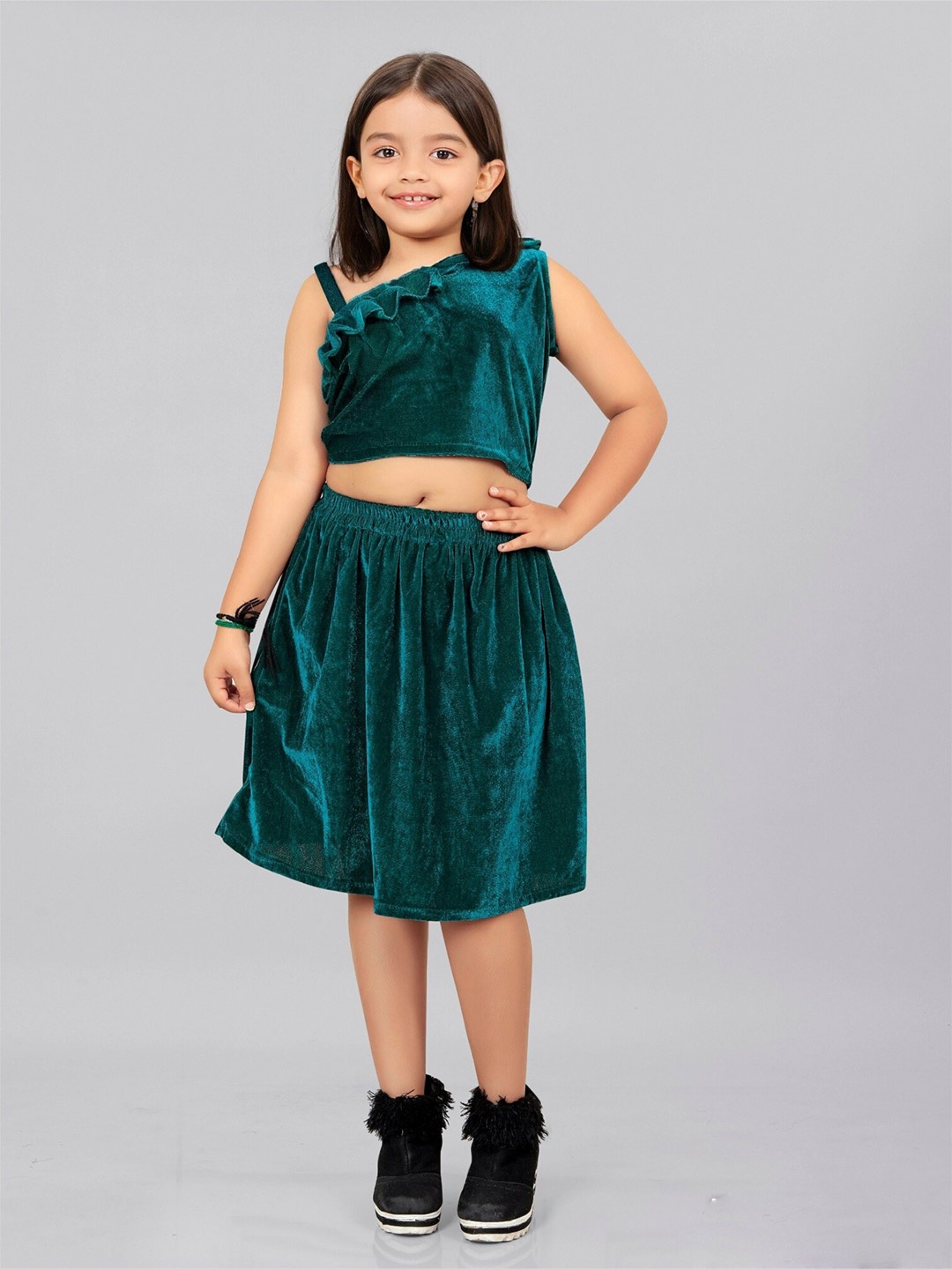 

APNISHA Girls Velvet One Shoulder Top with Skirt, Teal