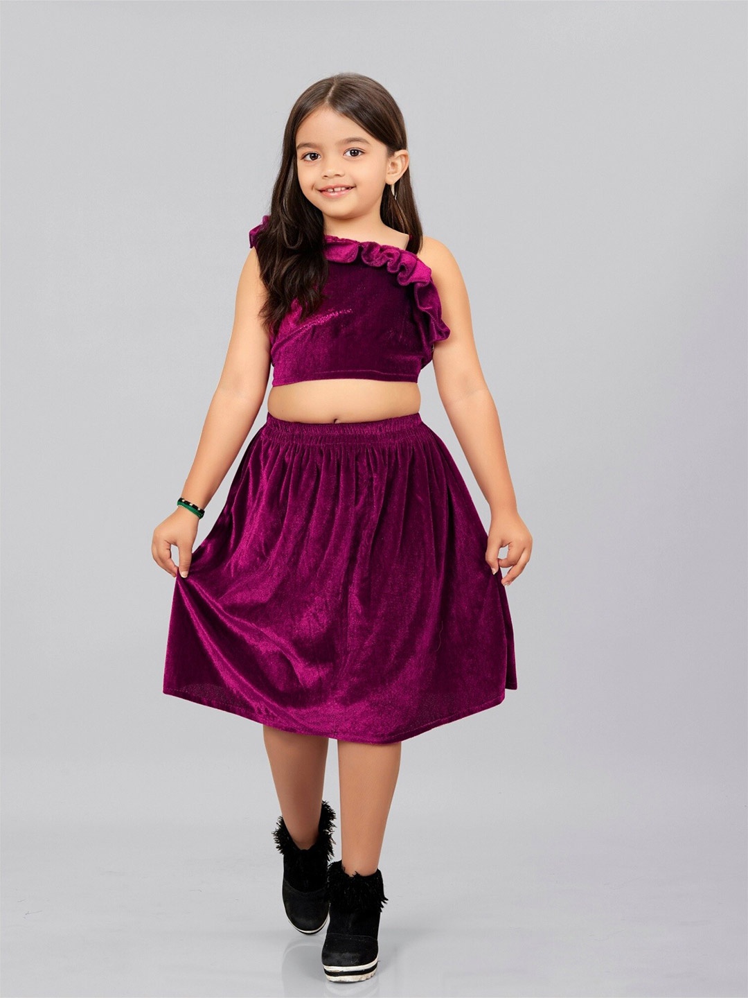 

APNISHA Girls Velvet One Shoulder Top with Skirt, Purple