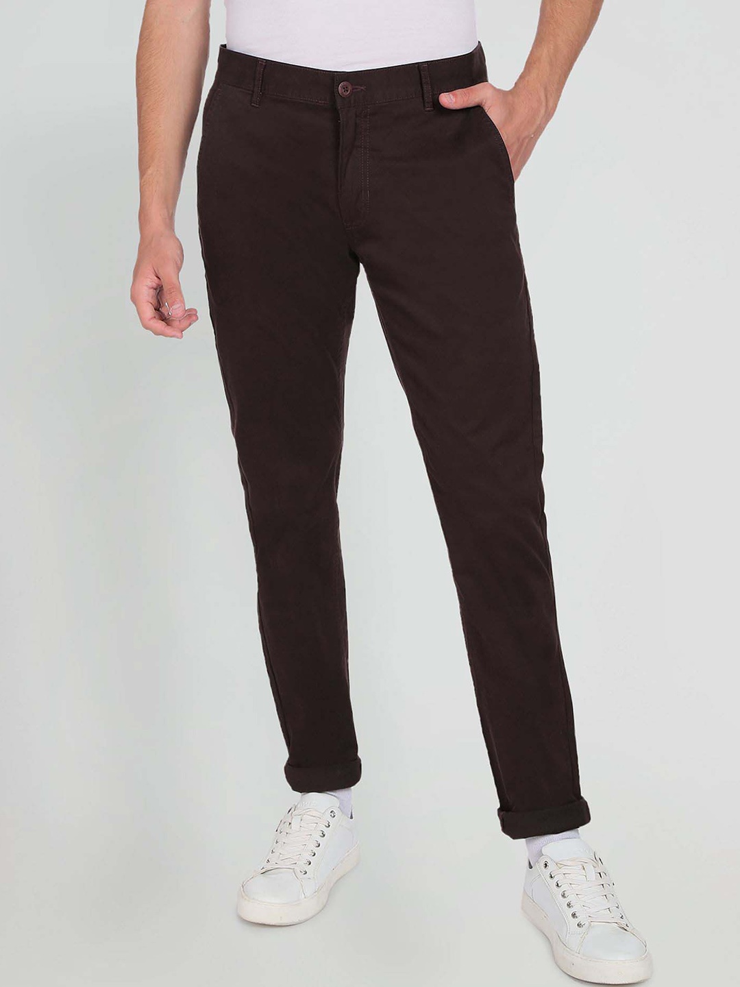 

Flying Machine Men Mid-Rise Regular Fit Plain Trousers, Maroon