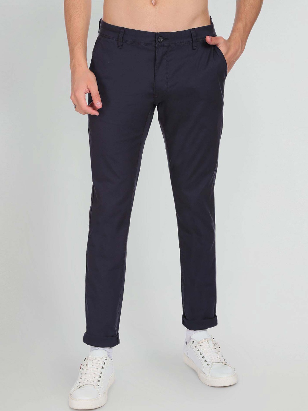 

Flying Machine Men Mid-Rise Regular Fit Plain Trousers, Navy blue