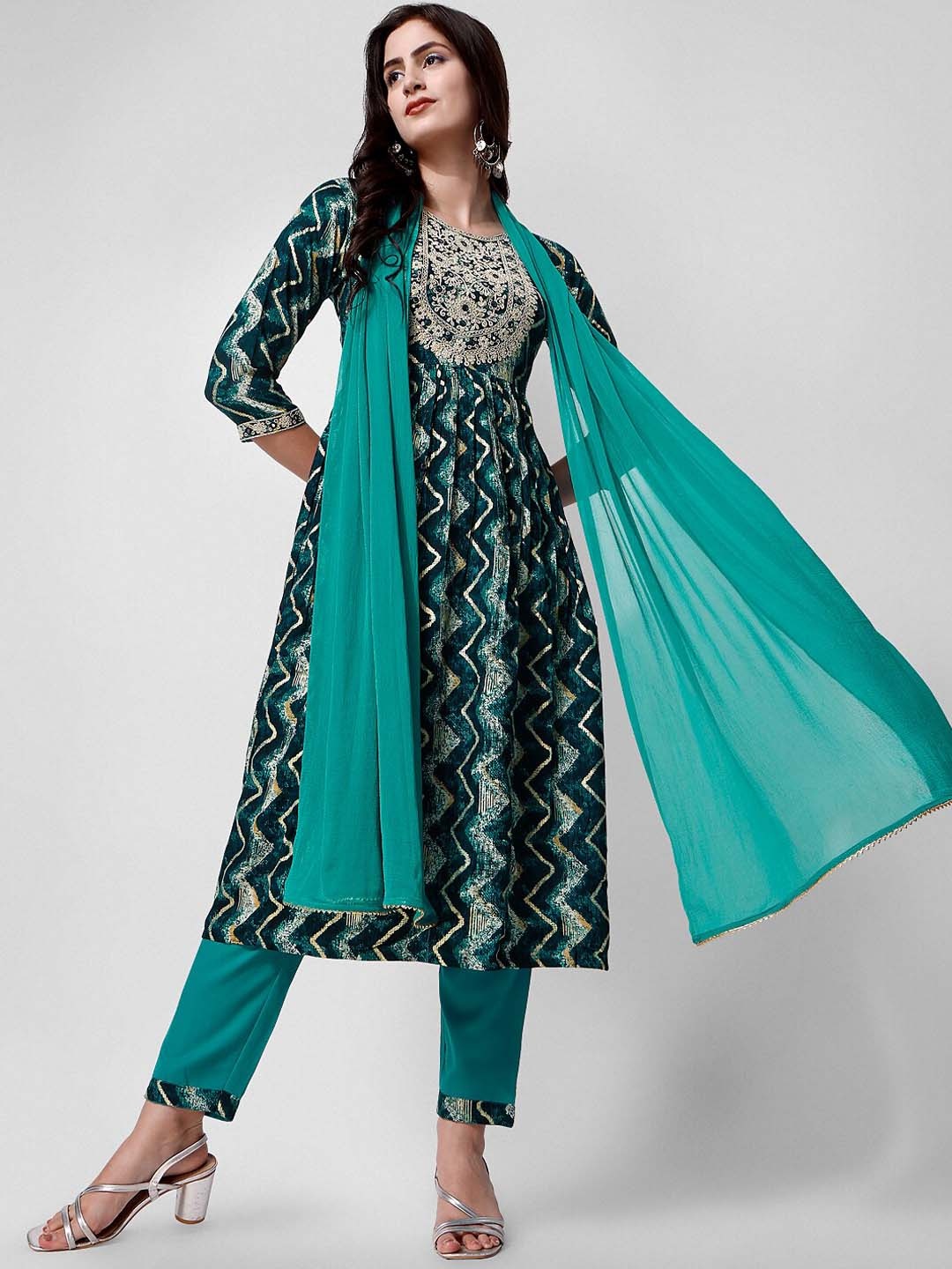 

Berrylicious Abstract Printed Mirror Work Kurta With Trousers & Dupatta, Teal