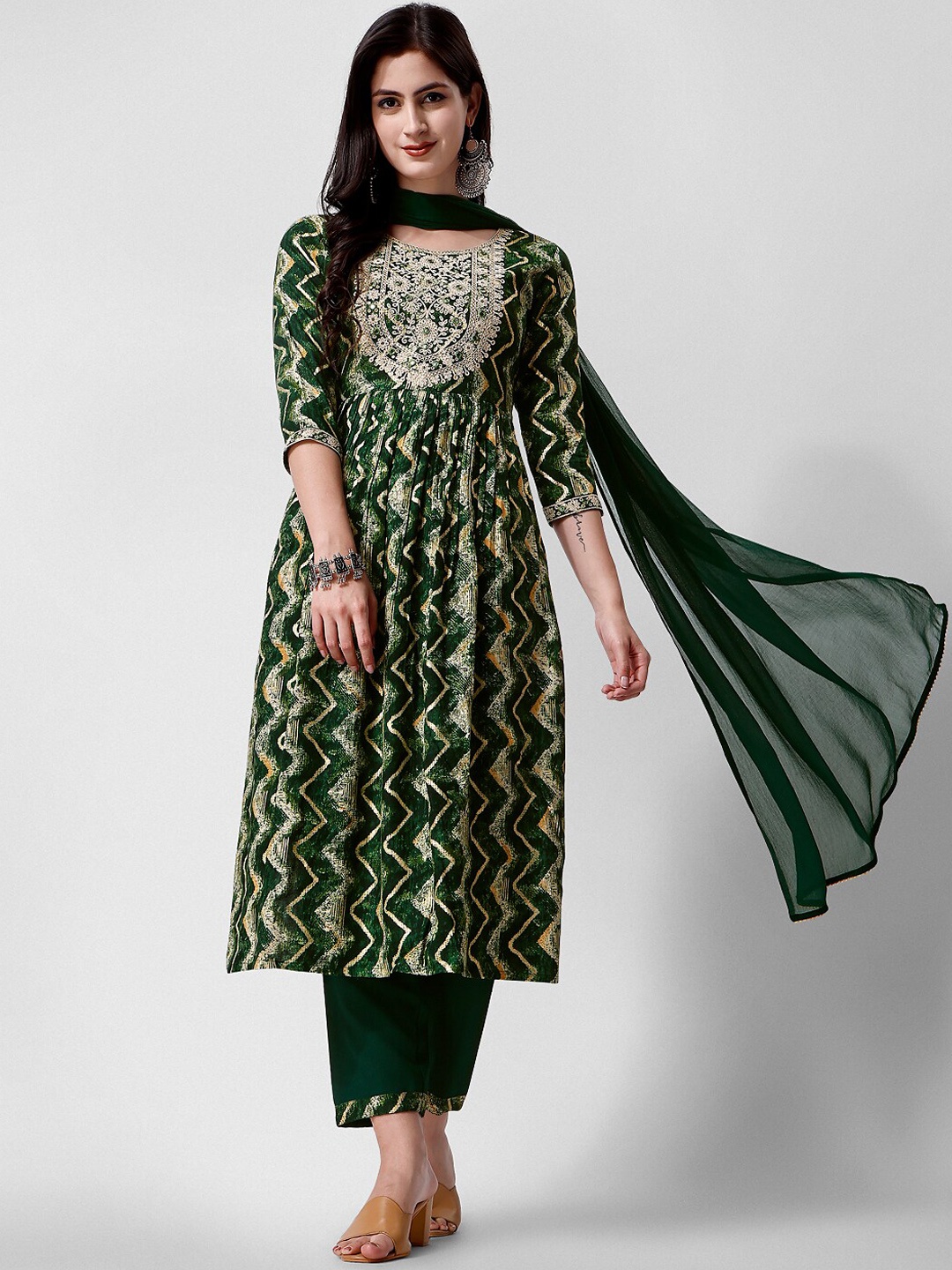 

Berrylicious Chevron Printed Mirror Work Kurta with Trousers & Dupatta, Green