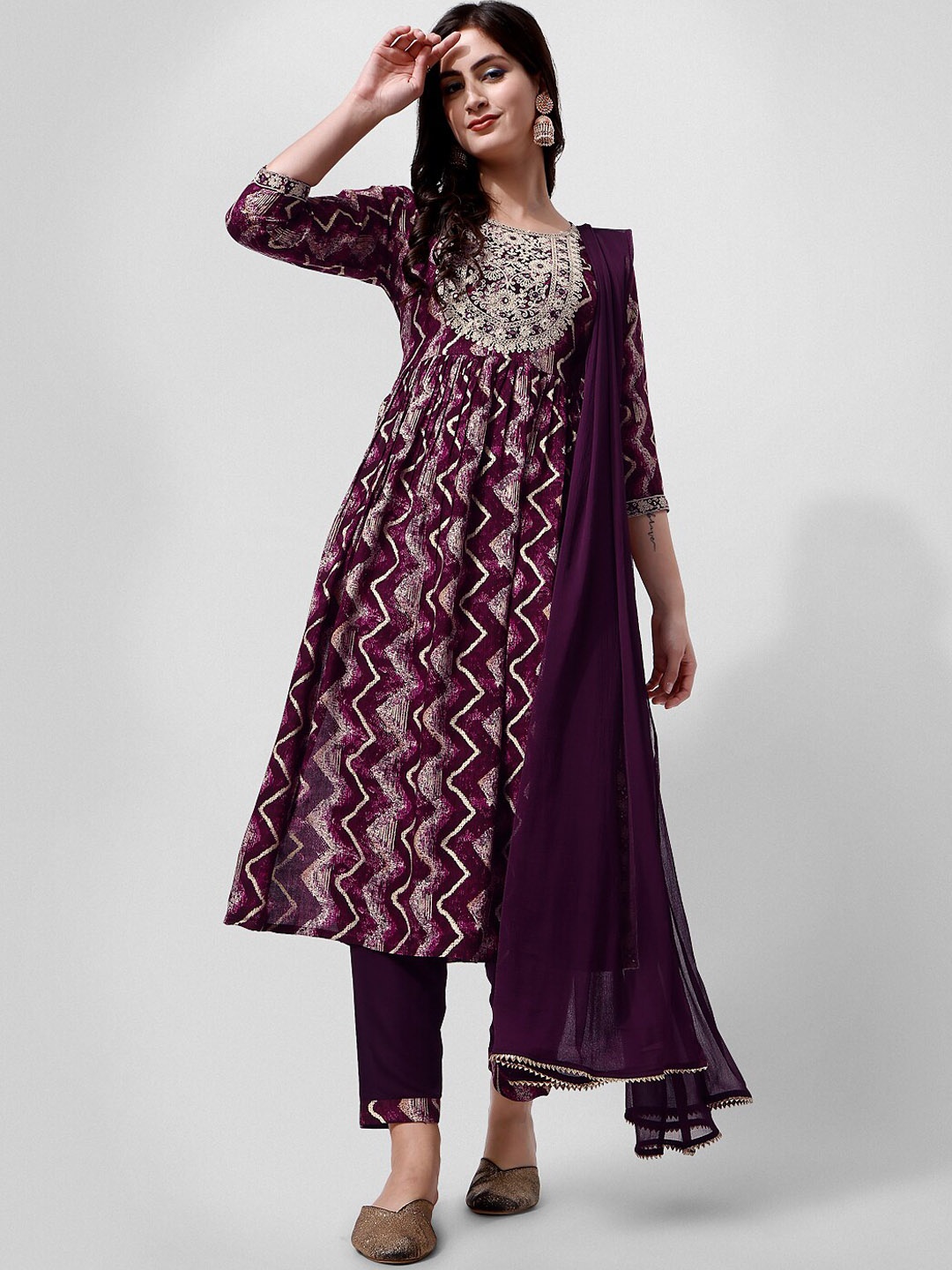 

Berrylicious Chevron Printed Mirror Work Kurta with Trousers & Dupatta, Purple