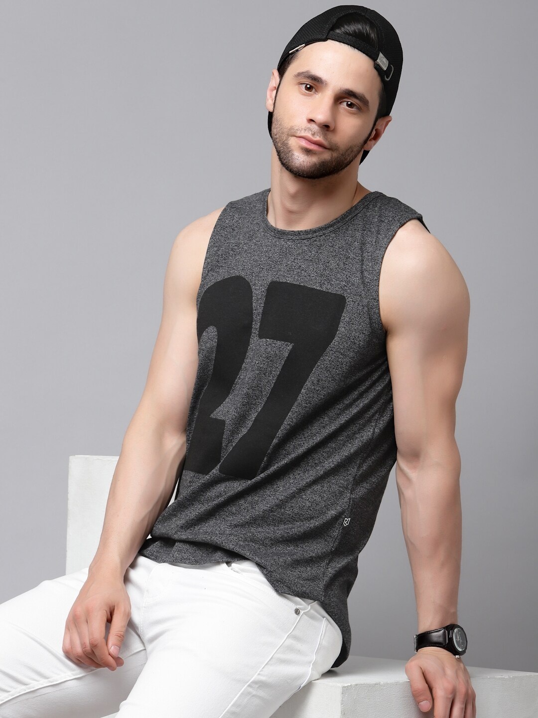 

Rigo Printed Round Neck Cotton Basic Vests, Black