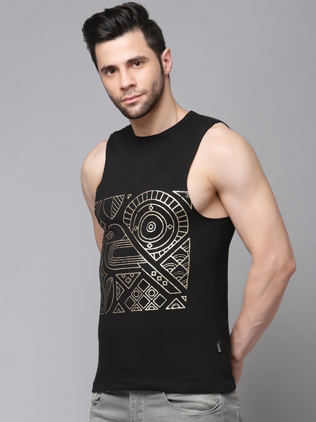 

Rigo Men Printed Comfort Fit Pure Cotton Innerwear Vest, Black