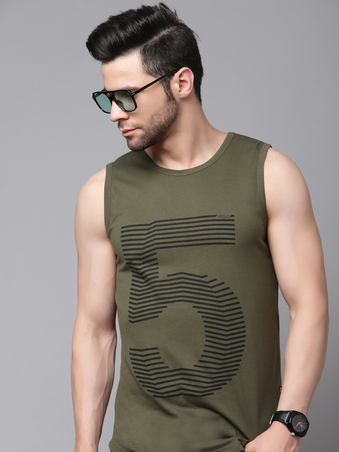 

Rigo Printed Round Neck Cotton Basic Vests, Olive