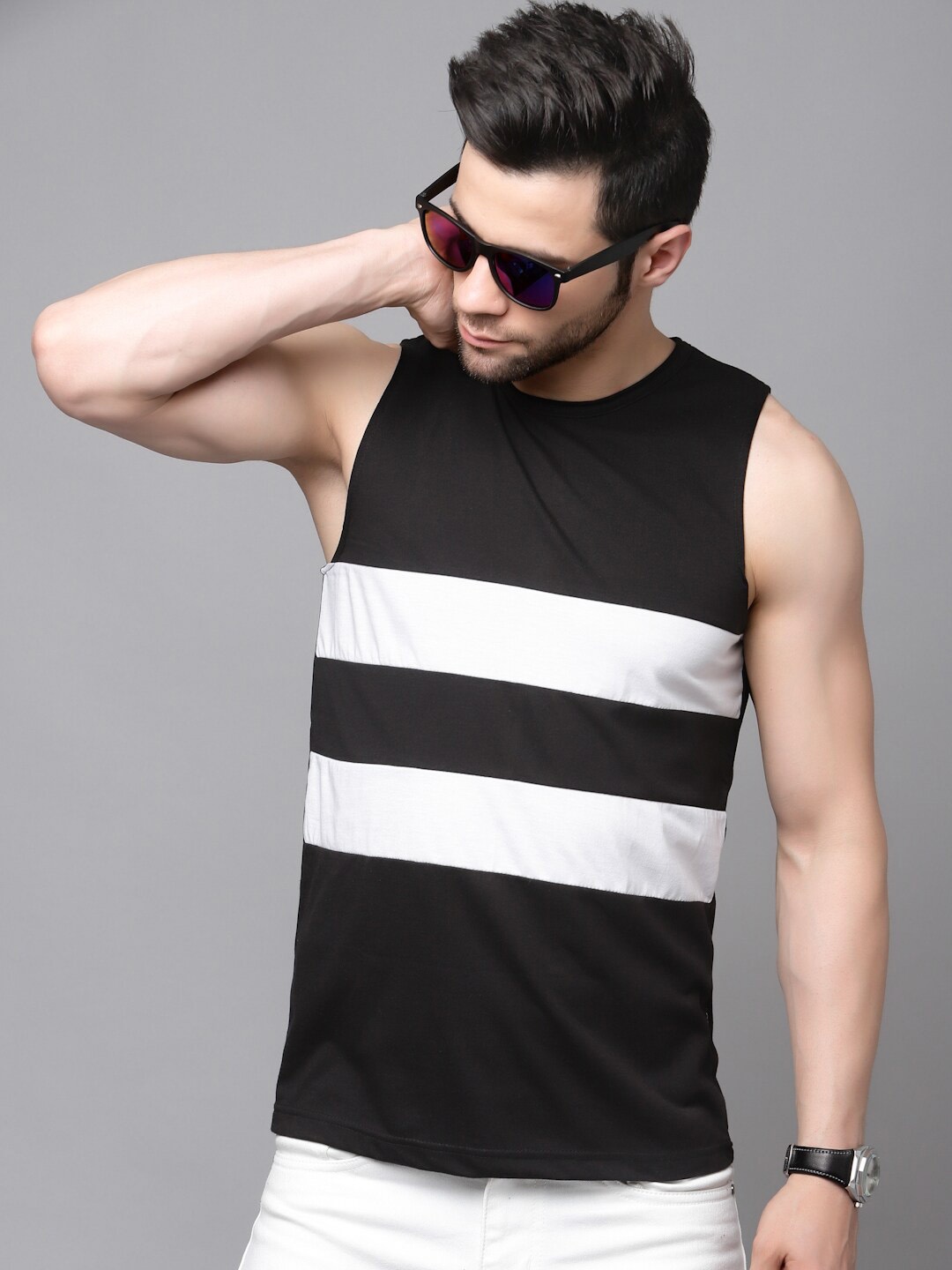 

Rigo Printed Round Neck Cotton Basic Vests, Black