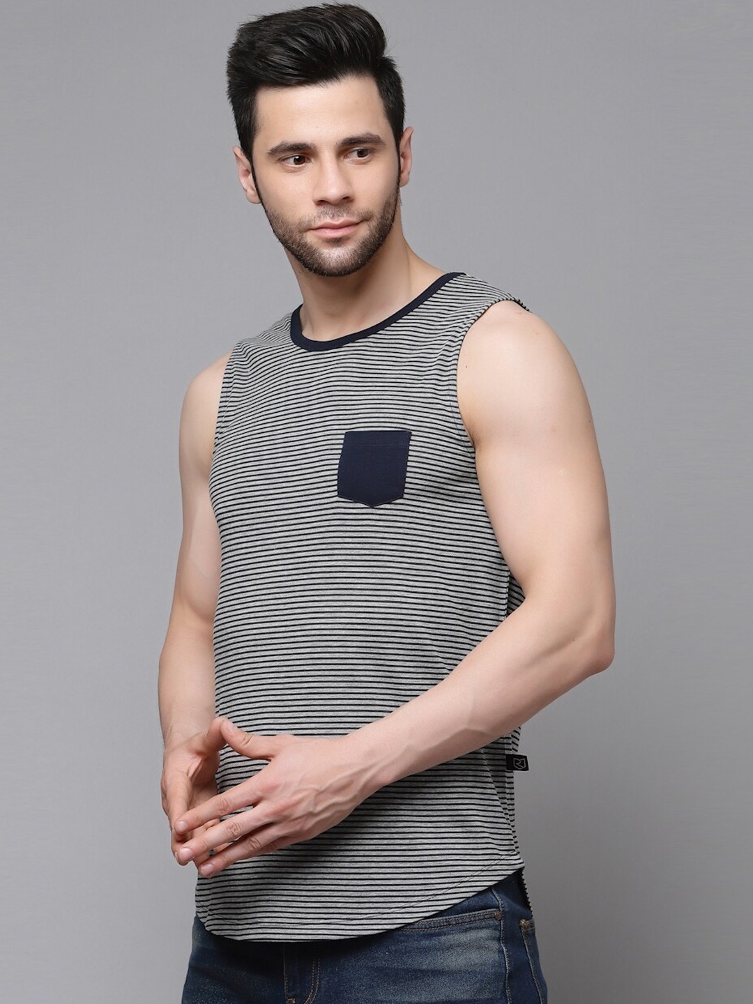 

Rigo Striped Slim-Fit Cotton Basic Vests, Grey