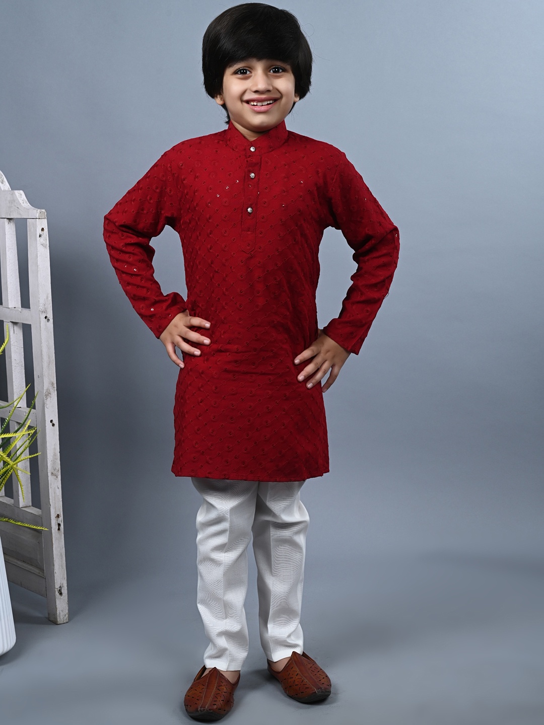 

ahhaaaa Ethnic Motifs Embroidered Sequinned Kurta with Pyjamas, Red