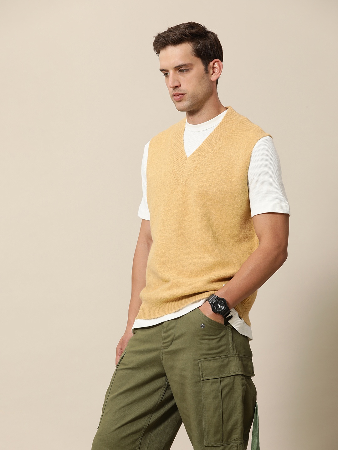 

Mr Bowerbird Ribbed V-Neck Oversize Fit Sweater Vest, Beige