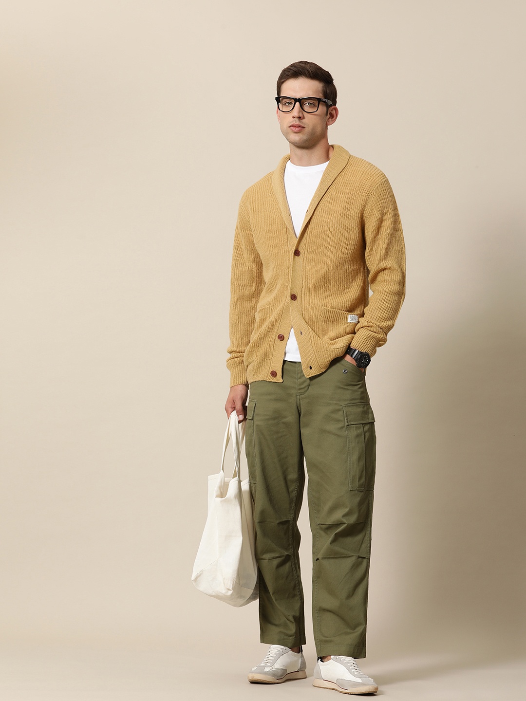 

Mr Bowerbird Men Solid Chunky Ribbed Oversized Cardigan, Beige